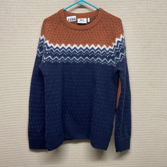 Fjällräven Övik Knit Wool Sweater Blue Pullover Women's size XL Elbow Patches